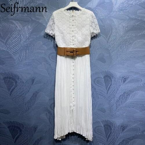 Seifrmann New 2021 Summer Women Fashion Runway Skirts Set Short Sleeve White Blouses + Elastic Waist Pleated Skirts Cotton Suit