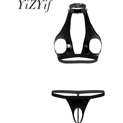 Women Sexy Lingerie open Bra Top with Crotchless G-string Thong Underwear Wet Look Faux Leather Halter Neck Hollow Out Bust bra