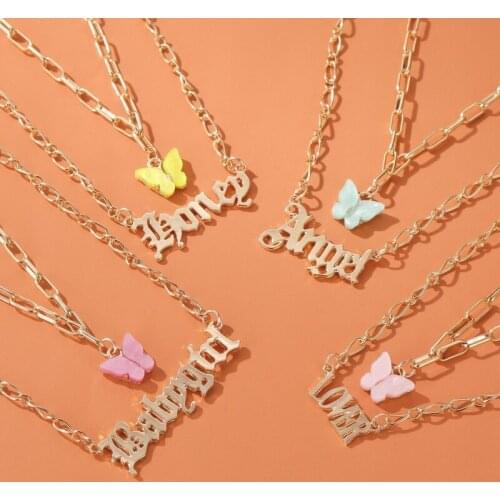 1PC New Acrylic Butterfly Old English Font Pendants Necklace Double Layer Babygirl Honey Angel Lover Choker Statement Jewelry