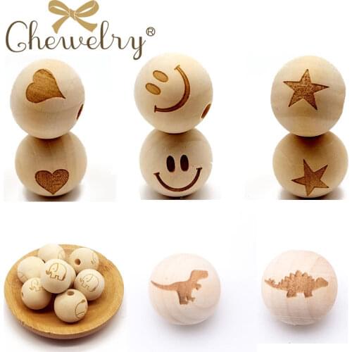 DIY 10Pcs Wooden Beads Printing Beads Dinosaur Natural Ball Round Spacer 20mm Natural Color Baby Teether Lead-Free Wooden Balls