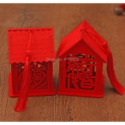 100pcs Exquisite House Shape Wedding Candy Box Chinese Style Red Wooden Chocolate Candy Boxes Party Decoration