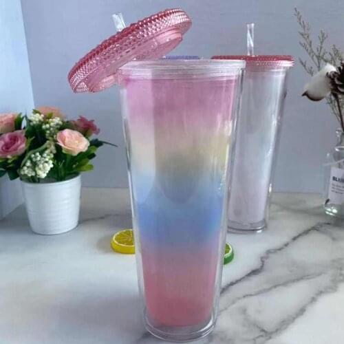 710ml / 24oz Fashion Creative Double Layer Rainbow Color Changing Cup Straw Outdoor Gym PS Plastic Color Changing Cup Drinkware