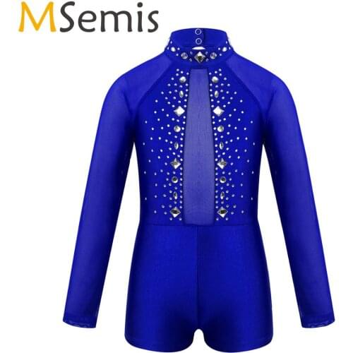 MSemis Ballet Leotard for Kids Girls Ballerina Dancewear Long Sleeves Rhinestone Tulle Splice Figure Skating Gymnastics Clothes