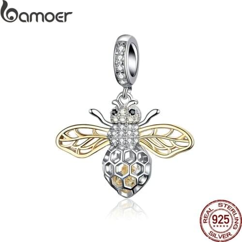 BAMOER Genuine 925 Sterling Silver Clear Zircon Bee Charms Insect Pendant fit Original Bracelets & Necklaces Jewelry SCC1125