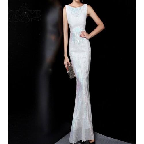 Sparkle White Sequin Evening Dress Long Mermaid Prom Gown Scoop Neck Lace Pattern Sleeveless Formal Party Dress Zipper Back Gown
