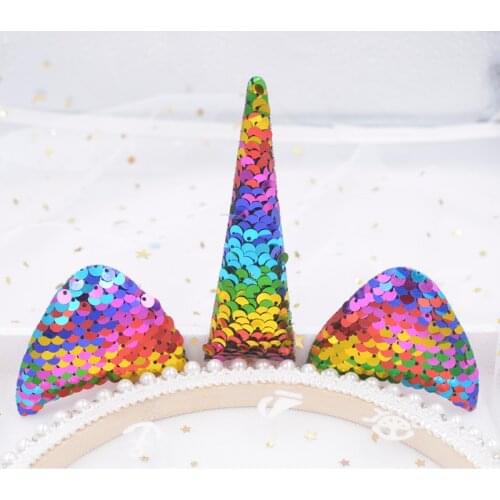 2 Set Glitter Sequins Padded Patches Cute Unicorn Horn & Ears Appliques for DIY Hair Headband Baby Kids Party Decor Cosplay F78