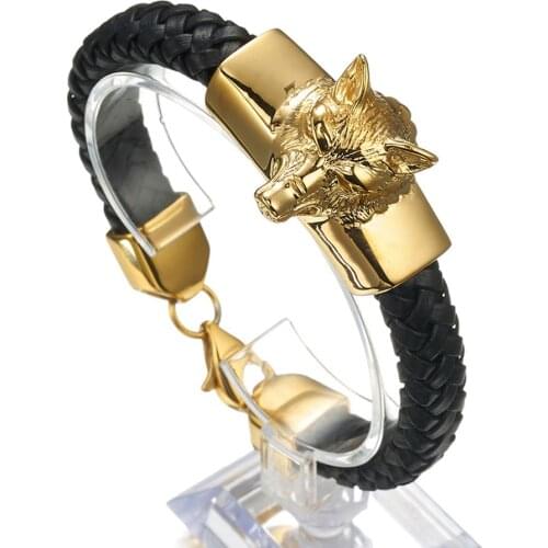 Mens Boys Silver Color/Gold Color Stainless Steel Charm Animal Wolf Head Bracelet Black Leather Wristband Bangle 15mm*21cm