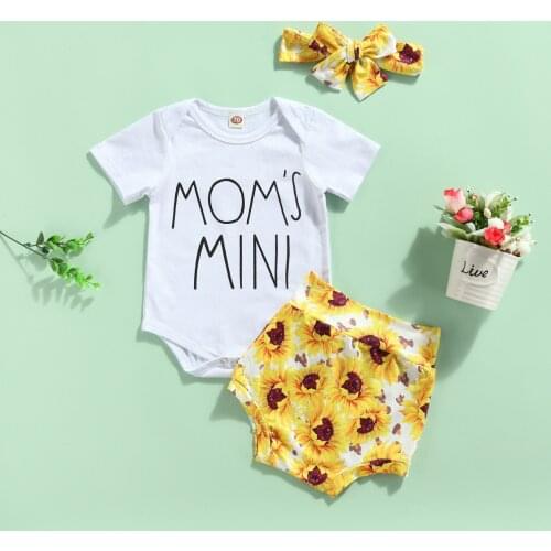 Infant Short Sleeve Romper + Shorts + Bow Headband, Sunflower Print Elastic Waist Summer Kids Clothes Girls 0-18M