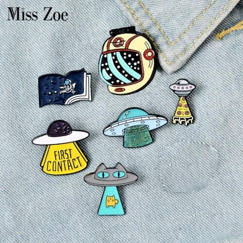 Curious Fantasy Enamel Pins Custom UFO Cat Astronaut Book Brooches Bag Clothes Lapel Pins Space Universe Badges Kids Jewelry