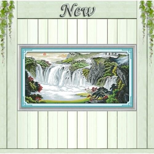 Sun falls River and mountains scenery painting Counted print on canvas DMC 14CT 11CT Cross Stitch Needlework kits Embroider Sets