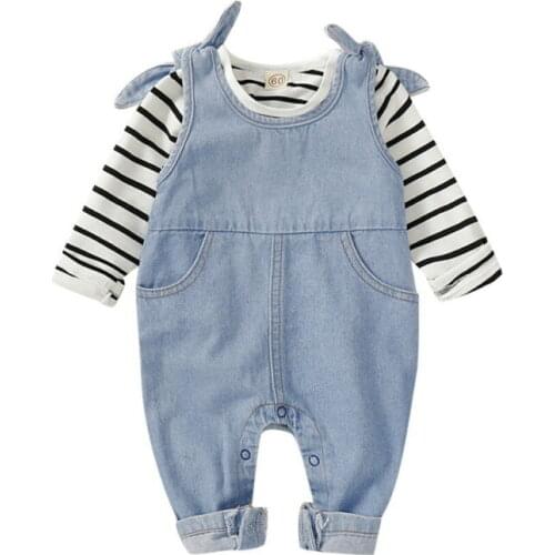 0-18M Newborn Infnat Baby Boy Girl Clothes Stripe T-shirt Bib Pants Overalls Outfit