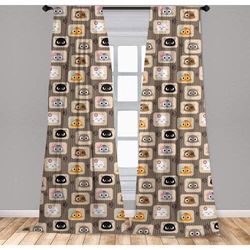 Cat Curtain Patchwork Inspired Kitty Faces Silly Expressions Footprints Stripes Window Treatment Living Room Bedroom