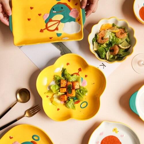 Lovely childrens tableware set dinosaur ceramic dinner plates bowl household plate cup cutlery serving tray