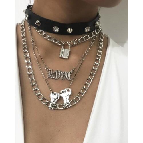 Punk Multi-Layers Padlock Love Key Pendant Necklace for Women Girls Gothic Spike Rivets Leather Choker Necklace Hiphop Jewelry