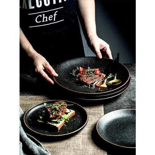 Nordic Home Tablewares Gold Inlay Ceramic Steak Plate Black Frosted Dish Japanese Sushi Plate Decorative assiettes à salade