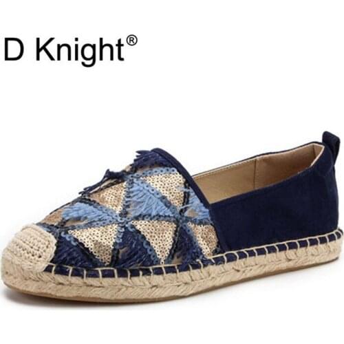 2020 New Spring Summer Women Flat Espadrilles Woven Straw Ladies Flat Microfiber Leather Sequin Fisherman Shoes Woman Size 36-41