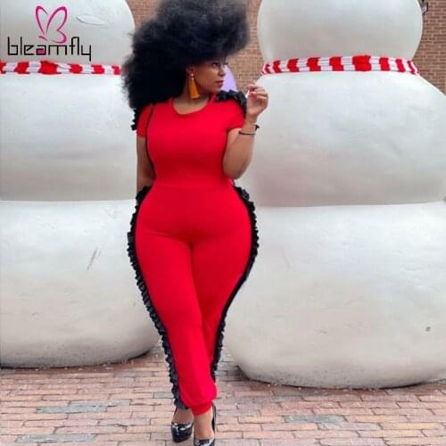 Fitting Sport Jumpsuit Plus Size L-4XL Short Sleeve Ruffles Skinny Vintage Romper Casual Party Body Femme One Piece Sexy Outfits
