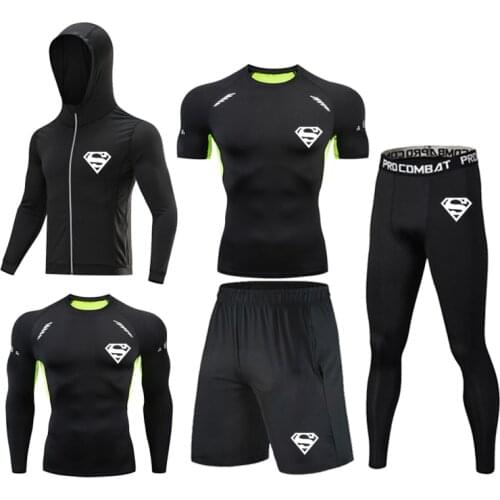 MMA Rashguard Gym Clothing 5Pcs/Set Mens Compression Sportswear Fitness T-shirt Running Jogging Tights Boxing Jerseys Mens Suit