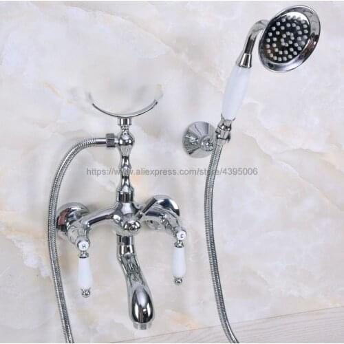 Polished Chrome Wall Mount Telephone Style Bath Tub Faucet Mixer Tap With Handheld Spray Shower Bna248
