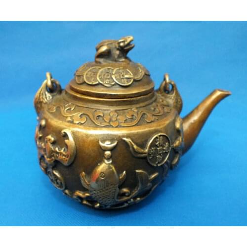 Elaborate Copper carved Frog fish bat teapot statue