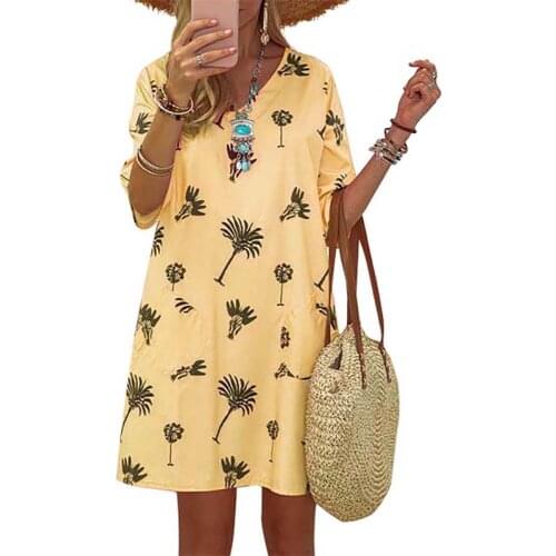 Plants Print V Neck Half Sleeve Dress Women Summer Casual Loose Plus Size Boho Streetwear Beach Above Knee Length Ladies Dresses