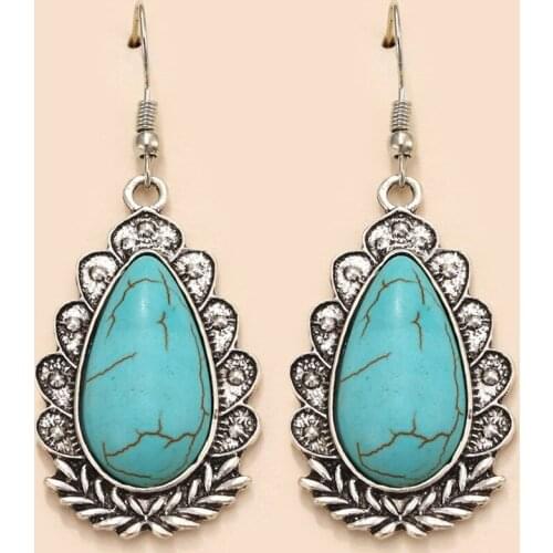 Tibetan Big Water Drop Natural Blue Stone Earrings Female Accessories Bohemian Jewelry Flower Metal Dangle Earring