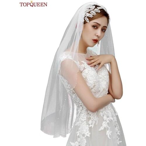TOPQUEEN V33 Bridal Veil with Crystal Beaded Bridal Veils Wedding Short Blusher Veil with Comb Wedding Veil with Crystal Edge