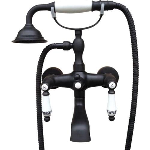 Bathroom Black Oil Rubbed Bronze Wall Mounted Clawfoot Tub Filler Faucet Handshower Double Ceramics Handles atf601