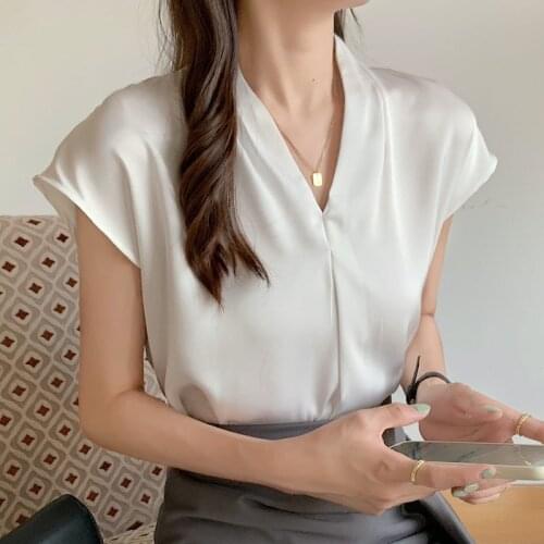 Blouse Female Short Sleeve 2021 Blusas De Mujer Summer New V-neck Fashion Black Tops Ladies Solid Dropshipping White Shirts 0971