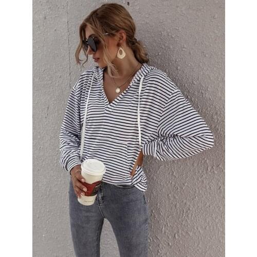 Fashion Black White Striped V-neck Women Sweater Pockets Loose Blouse Oversized Sweatshirt Commuter Tops 2021 Autumn Clothes