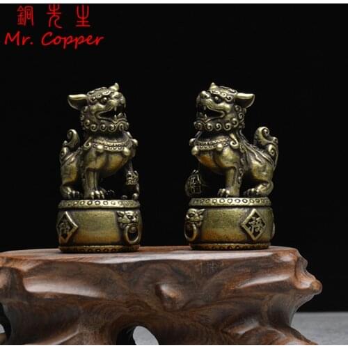 Antique Copper 1 pair Lions Figurines Miniatures Bronze Feng Shui Lion Statue Home Decor Accessories Brass Animal Desk Ornaments