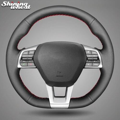 Shining wheat Black Leather Car Steering Wheel Covers for Hyundai Sonata 9 (3-Spoke | D-Shape) 2015-2019
