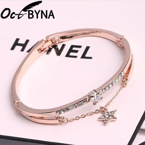Octbyna Luxury Famous Rose Gold Stainless Steel Brand Bracelets&Bangles Female Pentagram Love Charm Bracelet For Women Jewelry