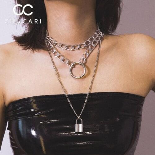 CHUCARI Fashion Personality Multi layer round Padlock Pendant Necklace Punk Link chain Gold Multilayer Simple Women jewelry Gift