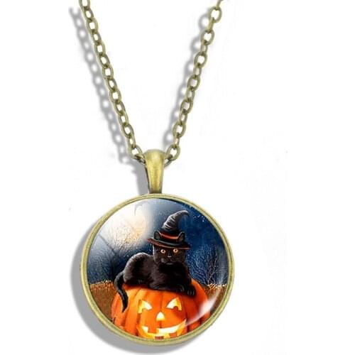 Black Cat Hat Necklace Pumpkin Head and Witch Pendant Glass Cabochon Kitty Cat Jewelry Halloween Gift