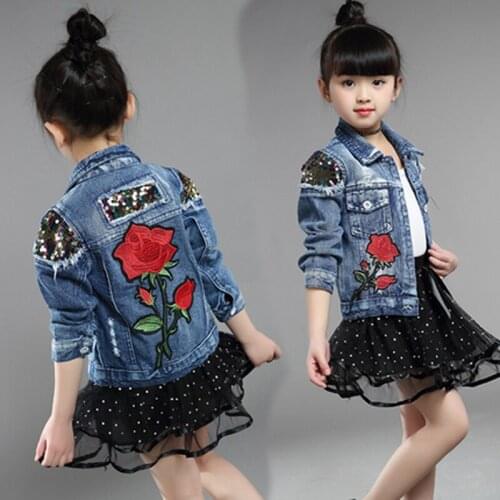 Girls Fashion Embroidered Princess Denim Coat Spring Fall Childrens Paillettes Spliced Casual Jacket Kids Outerwear Clothes B49