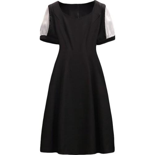 Elegant Pastel Office Ladies Chic Black Dress Trendy Splicing Vestidos Hepburn Style Slim Waist A-line Plus Size Dress Women