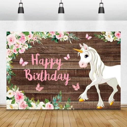Laeacco Unicorn Pink Butterfly Flowers Wooden Board Backdrops Birthday Decor Photography Backgrounds For Photo Studio Photophone