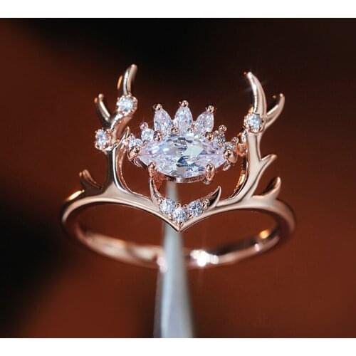 Rings For Woman Fashion Glittering And Translucent Zircon Embellished Lovely Rose Gold Elk Antlers Zircon Wedding Ring Romantic