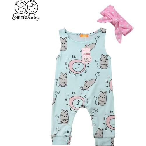 2PCS Summer Newborn Baby Girl Toddler Kids Sleeveless Romper Jumpsuit Sunsuit Baby Headband Outfits Cotton Girl Clothes