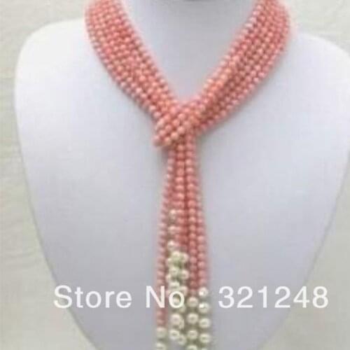 Beautiful pink artificial coral natural white freshwater pearl 4mm high grade round beads special necklace making 15inch GE4519