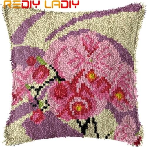 Latch Hook Cushion Pink Cherry Pillow Case Pre-Printed Color Canvas Acrylic Yarn Latched Sofa Pillow Crochet Cushion Cover Kits