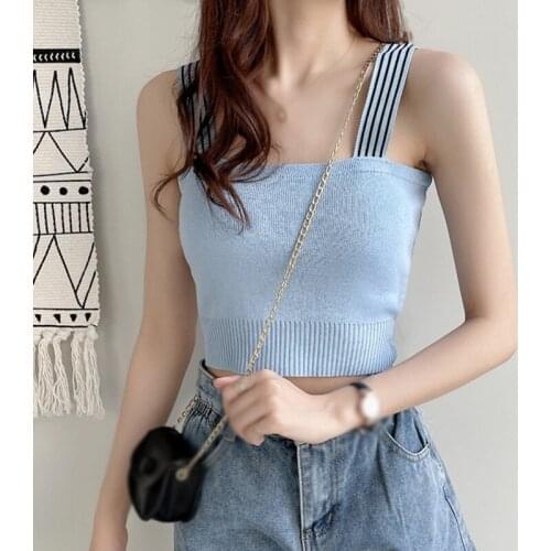 Fashion Womens Solid Color Slim Casual Fresh Exposed Navel Vest Knitted Slim Camisole Tank Tops