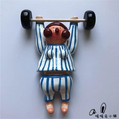Cartoon weightlifting doll resin refrigerator sticker three-dimensional magnetic sticker decoration