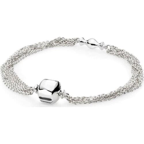 Real 925 Sterling Silver Multi-Strand Fashion Bracelet One Clip Station Fit Pandora Women Bead Charm Bangle Gift DIY Jewelry