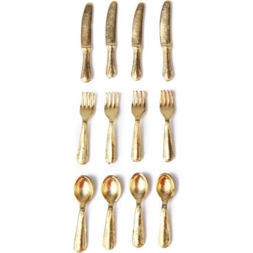 New 1/12 Doll House Miniature Stainless Steel Tableware Set 12 Items Gold