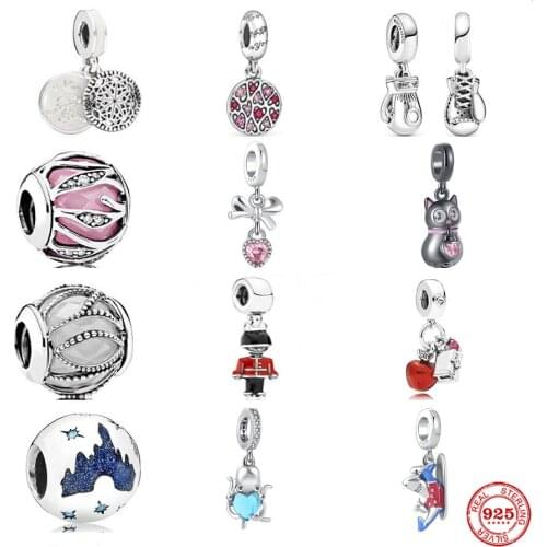 New 925 Silver Dangle Bead Boxing Set Castle Cat Octopus Shark Fit Pandora Original Bracelet Charms Beads For Women DIY Jewelry