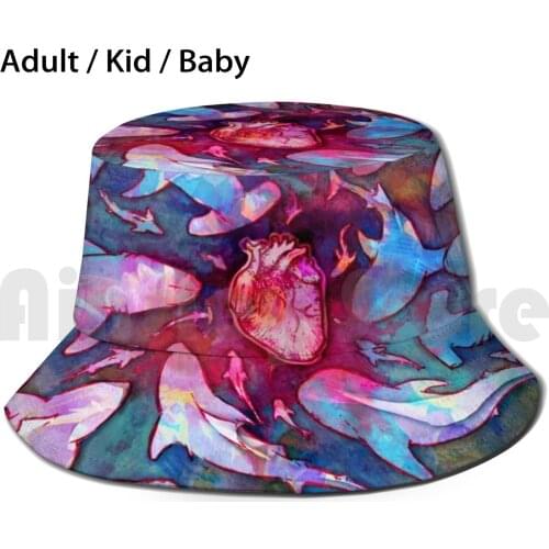 Heart Sharks Bucket Hat Adult kid baby Beach Sun Hats Sharks Human Heart Watercolor Ocean Water Animals Organ Blood Cut Outs