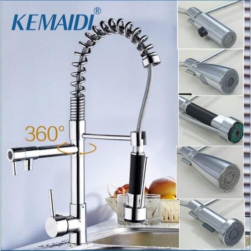 KEMAIDI Wholesale And Retail Luxury Chrome Brass Kitchen Faucet LED Spout Swivel Sprayer Vessel Sink Mixer Tap Single Handle