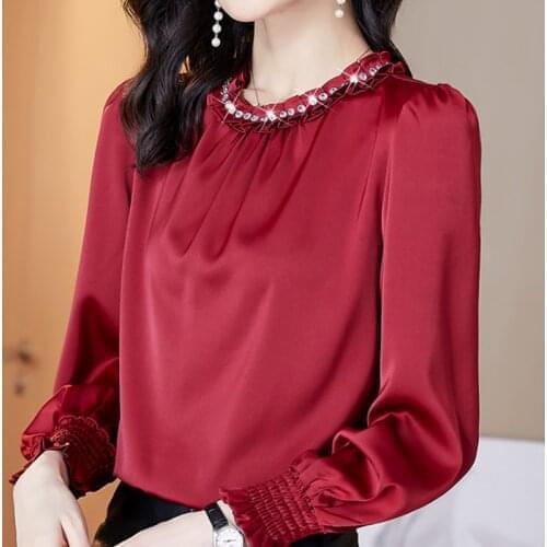 Long Sleeve Chiffon Blosue Shirt Blusa Blouse Women Blusas Mujer De Moda 2021 Beading Stand Collar Blouse Women Tops Blusa E261